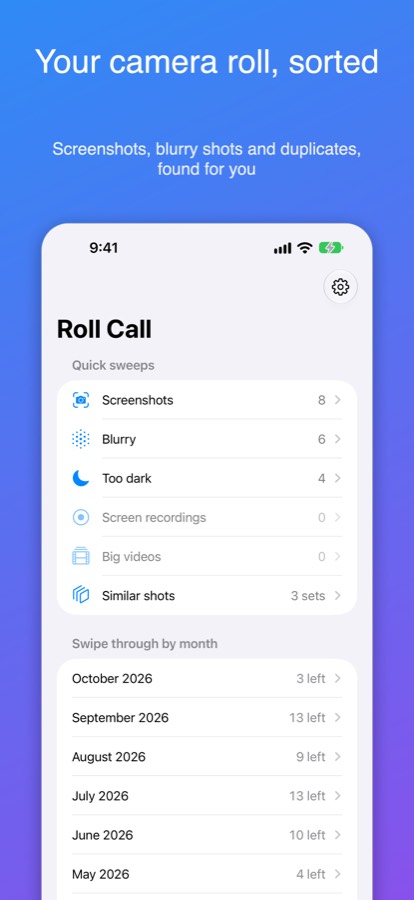 Roll Call home screen with piles of screenshots, blurry and dark photos