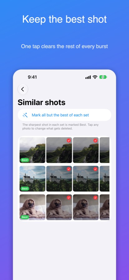 Similar shots grouped with the best one marked